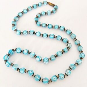 Vintage/ Antique millefiori bright blue & clear Venetian glass bead necklace 24”